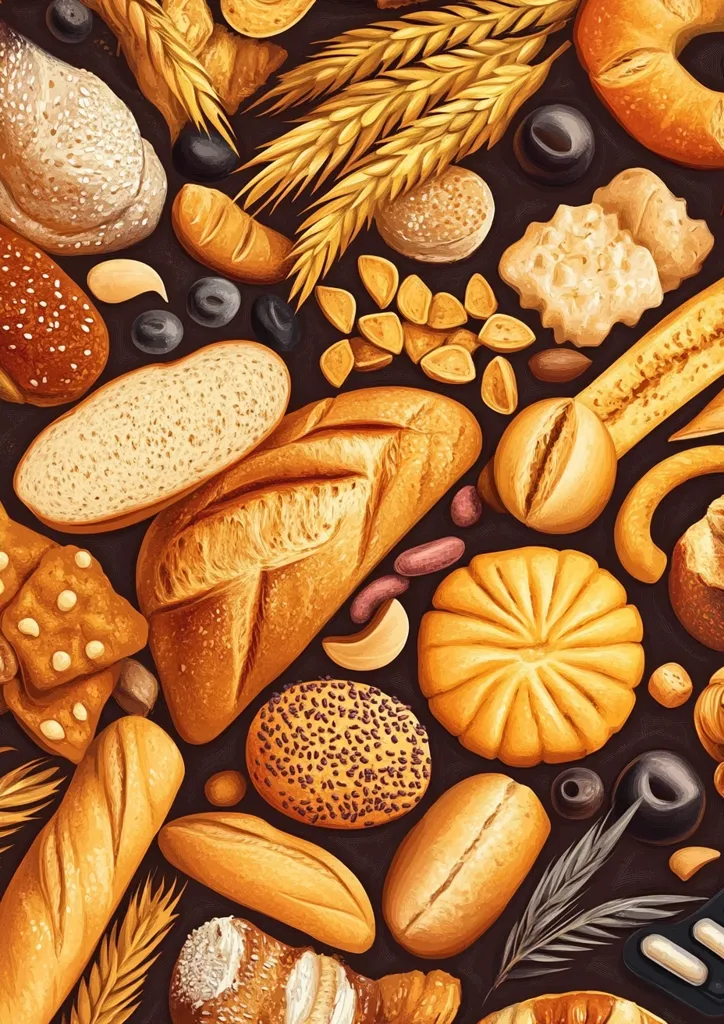 A close-up shot of various baked goods, including loaves of bread, rolls, and pastries.  The scene is filled with rich, golden hues, with sprinkles of white sesame seeds, and wheat stalks scattered around. The image is a celebration of freshly baked goods, highlighting their warm and inviting nature.
