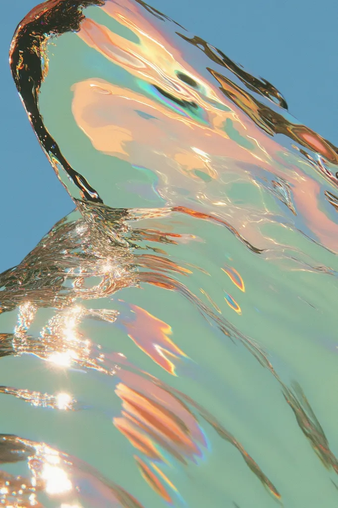 The image captures a close-up of rippling water, showcasing the shimmering effect of sunlight reflecting off its surface. The water is clear and turquoise, with a gentle wave creating a ripple that distorts the light, producing an iridescent rainbow effect. The image evokes a sense of tranquility and the beauty of nature's simple wonders.