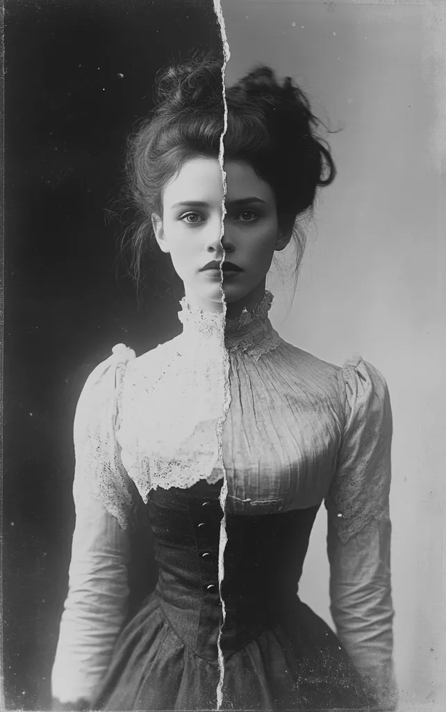 A black and white photo of a woman, split down the middle of her face. The left side of the photo is darker, while the right side is lighter.  The woman is wearing a lace collar and a corset.  The photo has a vintage look, with a torn edge and a faded appearance. The woman's expression is serious and her eyes are gazing directly at the viewer. The image evokes a sense of mystery and intrigue.