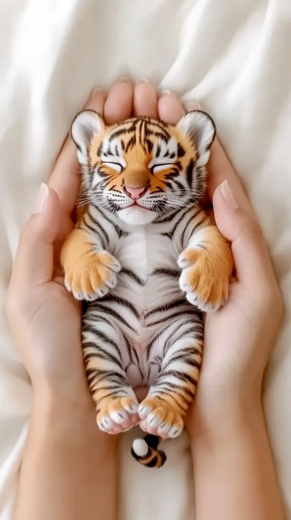 A tiny tiger cub, with its eyes closed, sleeps peacefully in a person's hands. The cub's orange and black stripes are visible, and its paws are curled up. The person's hands gently cradle the cub, providing a safe and warm environment for its slumber. The image captures the innocence and vulnerability of a young animal, and the bond between humans and nature.