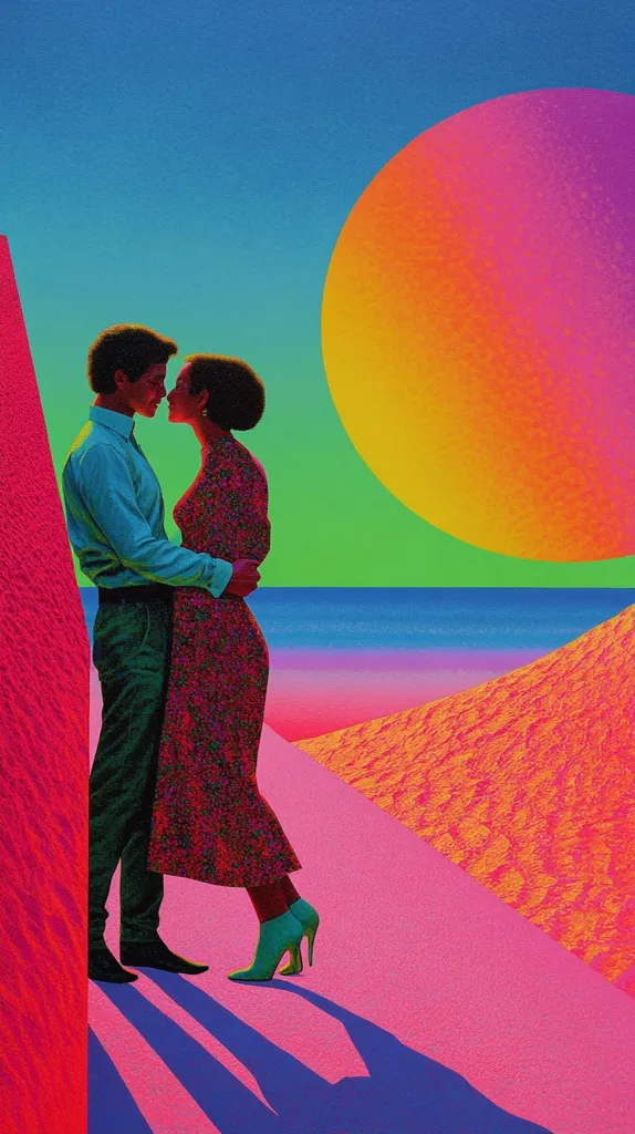 A couple stands embraced, their faces close together, against a vibrant backdrop of a bright orange and yellow sun, a blue sea, and pink sand dunes. The woman wears a red floral dress and turquoise heels, while the man is dressed in a blue shirt and dark pants. Their shadows stretch across the pink sand, creating a dramatic and colorful scene. The image is filled with bold colors and a sense of romance, evoking a feeling of love and intimacy.