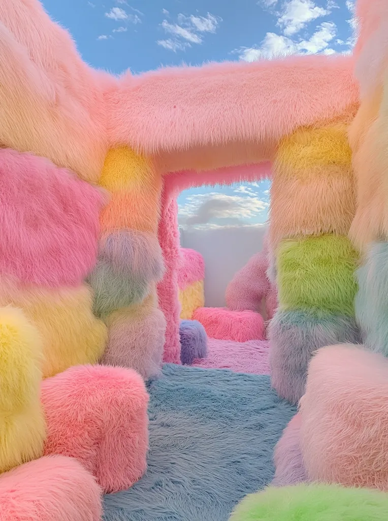 A fluffy, colorful room with walls and floor made of pastel-colored fur. The room is filled with fluffy cushions and seats, creating a whimsical and inviting atmosphere. A small opening in the wall reveals a glimpse of the blue sky, suggesting an escape to the outdoors. The overall aesthetic is playful and dreamlike, evoking a sense of childish wonder.