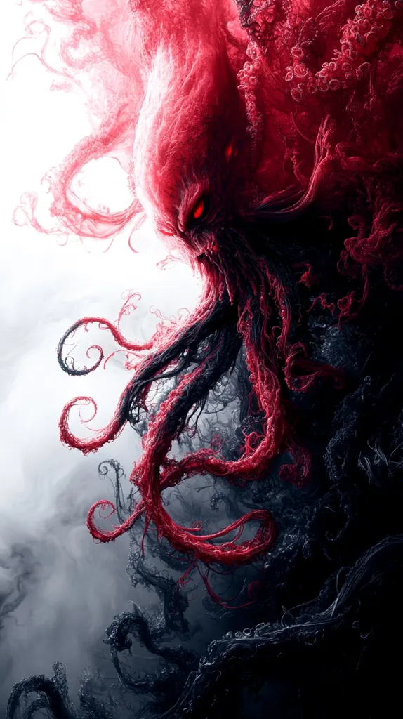 The image depicts a monstrous creature with a red, fleshy body and numerous, long, writhing tentacles. The creature's face is obscured by its own form, but two glowing red eyes peer out, suggesting an evil intent. The tentacles are interwoven with dark, shadowy tendrils, creating a sense of chaos and menace. The background is a hazy, white void, suggesting a desolate or otherworldly setting. The overall impression is one of horror and the unknown.