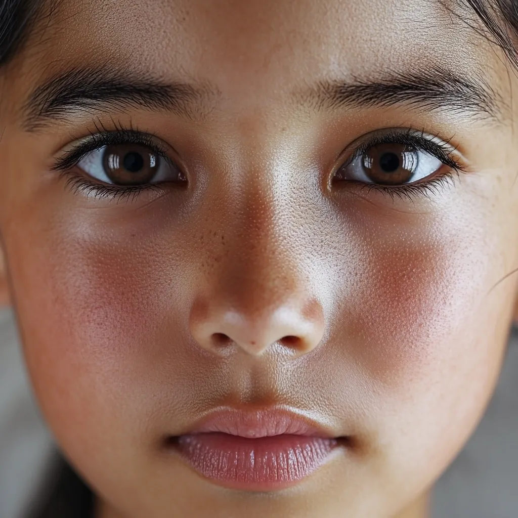 A close-up portrait of a young girl with dark hair and brown eyes. Her skin is smooth and slightly tanned, with rosy cheeks.  She has a serious expression, her lips slightly parted.  The image is in focus, emphasizing the texture of her skin and the intensity of her gaze.  The lighting is soft, creating a gentle glow on her face.