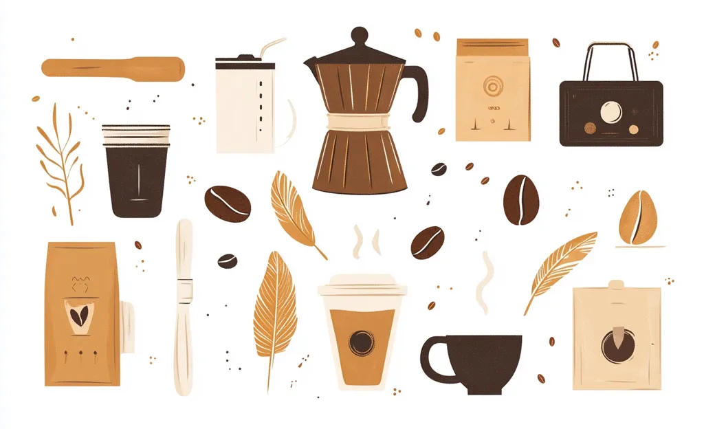 The image depicts various coffee-related items in a whimsical style. A coffee maker, coffee cups, coffee beans, and coffee bags are scattered across a white background.  Feathers and other decorative elements add a touch of whimsy and warmth to the composition.  The image celebrates the simple pleasure of coffee and the cozy atmosphere it evokes.