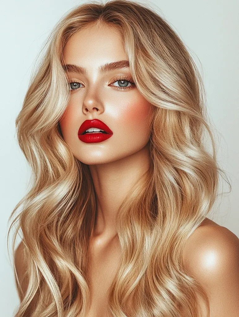 A young woman with long, flowing blonde hair that cascades down her shoulders. Her eyes are a soft blue, and she is wearing bright red lipstick. Her skin is glowing, and she has a slight blush on her cheeks. She looks directly at the camera with a confident expression. Her appearance suggests a sense of glamour and elegance.
