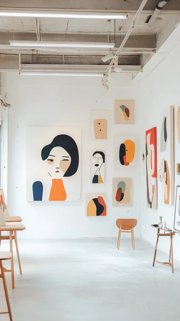 The image shows a minimalist art gallery with white walls and concrete floors. Various abstract paintings adorn the walls, featuring colorful geometric shapes and human figures. There are two wooden tables and a chair, adding a touch of warmth to the otherwise clean and modern space. The lighting is bright and evenly distributed, highlighting the artwork and creating a calm atmosphere. The gallery is a perfect setting for displaying and appreciating contemporary art.