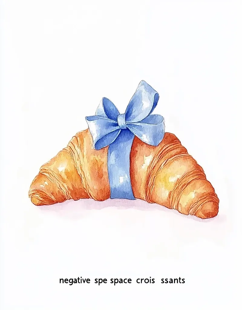 A croissant, painted in watercolor, is tied with a blue ribbon. The croissant is positioned at an angle, and the ribbon is tied in a bow on top. The image is set against a white background, which helps to highlight the croissant and ribbon. The negative space around the croissant creates a sense of airiness and lightness.