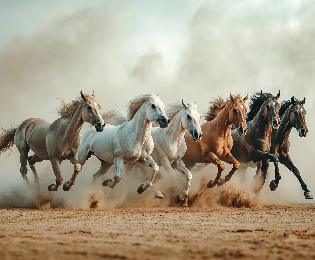 A group of six horses gallop across a dusty, sandy landscape. The horses are a mix of white, brown, and black, and their manes and tails flow in the wind. The horses are running in a loose formation, with the white horses in the lead. The background is a hazy blue sky, and the sun is shining brightly. The image captures the beauty and power of these magnificent animals.