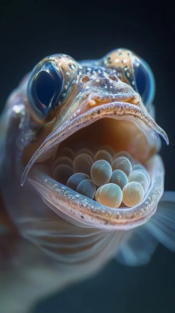 A close-up shot of a fish with its mouth open, revealing a cluster of round, translucent eggs nestled inside. The fish's large, round eye is prominent, and its body is covered in small, speckled patterns. The image captures a moment of vulnerability and protection as the fish diligently safeguards its offspring. The soft lighting highlights the delicate nature of the eggs, creating a sense of wonder and awe.  The background is a blurred, dark blue, suggesting the underwater environment.