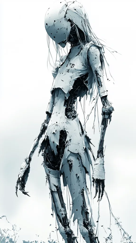 A skeletal, humanoid figure stands in a desolate landscape, its metallic body partially covered in a tattered, white fabric. Its head is obscured by a helmet, and its long, thin limbs are articulated with exposed gears and wires. The figure's posture is slumped, its head tilted downward, conveying a sense of weariness or despair. The overall impression is one of decay and loss, perhaps reflecting the aftermath of a technological disaster or a dystopian future. The image is rendered in a monochrome palette, emphasizing the figure's fragility and the starkness of its environment.