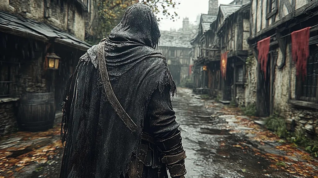 A hooded figure walks down a narrow, cobblestone street in a medieval town. The buildings are old and weathered, and the street is wet from the recent rain.  The figure is shrouded in darkness, their face obscured by the hood.  The scene is filled with an atmosphere of mystery and intrigue, as if the figure is on a secret mission. The rain creates a sense of isolation and solitude.  The image evokes a feeling of adventure and mystery.