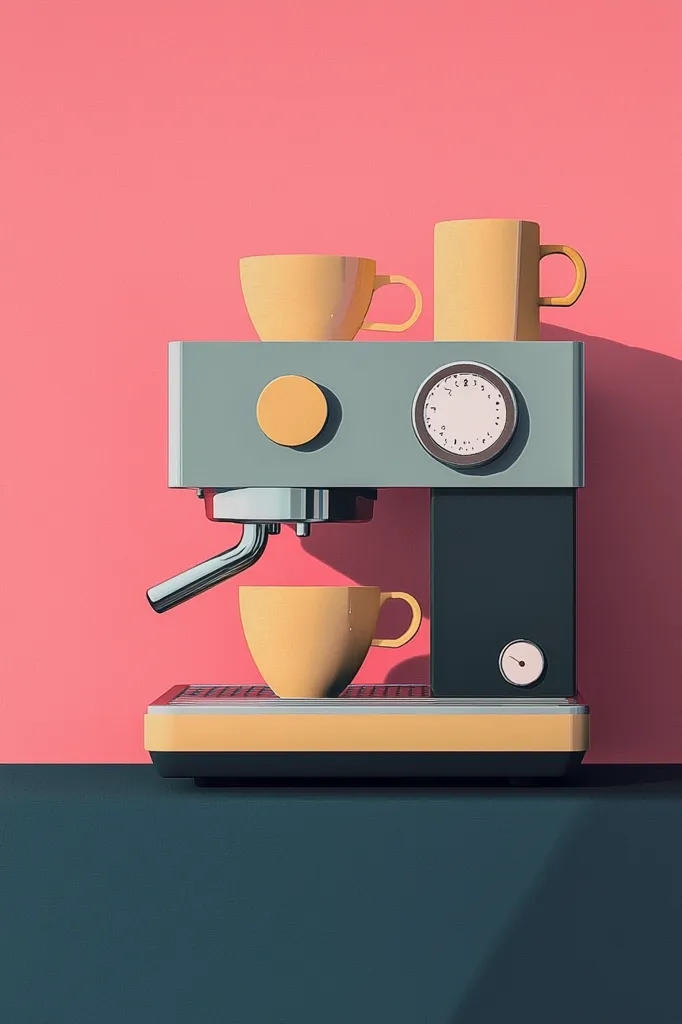 A yellow and grey espresso machine sits on a black countertop in front of a pink wall. The machine is making espresso, and two yellow cups are filled with the brewed coffee. The machine is a simple, modern design, with a round clock face and a small steam wand. The image is simple and clean, with a focus on the machine and the coffee it produces.