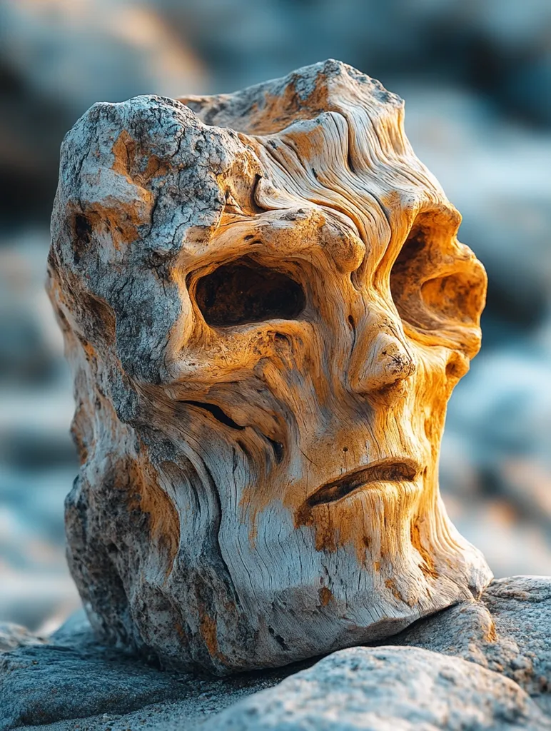 A weathered piece of driftwood, its gnarled surface resembles a face with deep-set eyes, a prominent nose, and a slightly open mouth. The wood is a mix of gray and yellow, highlighting the natural erosion and time's passage. It rests on a bed of gray rocks, creating a dramatic contrast and a sense of age and mystery.