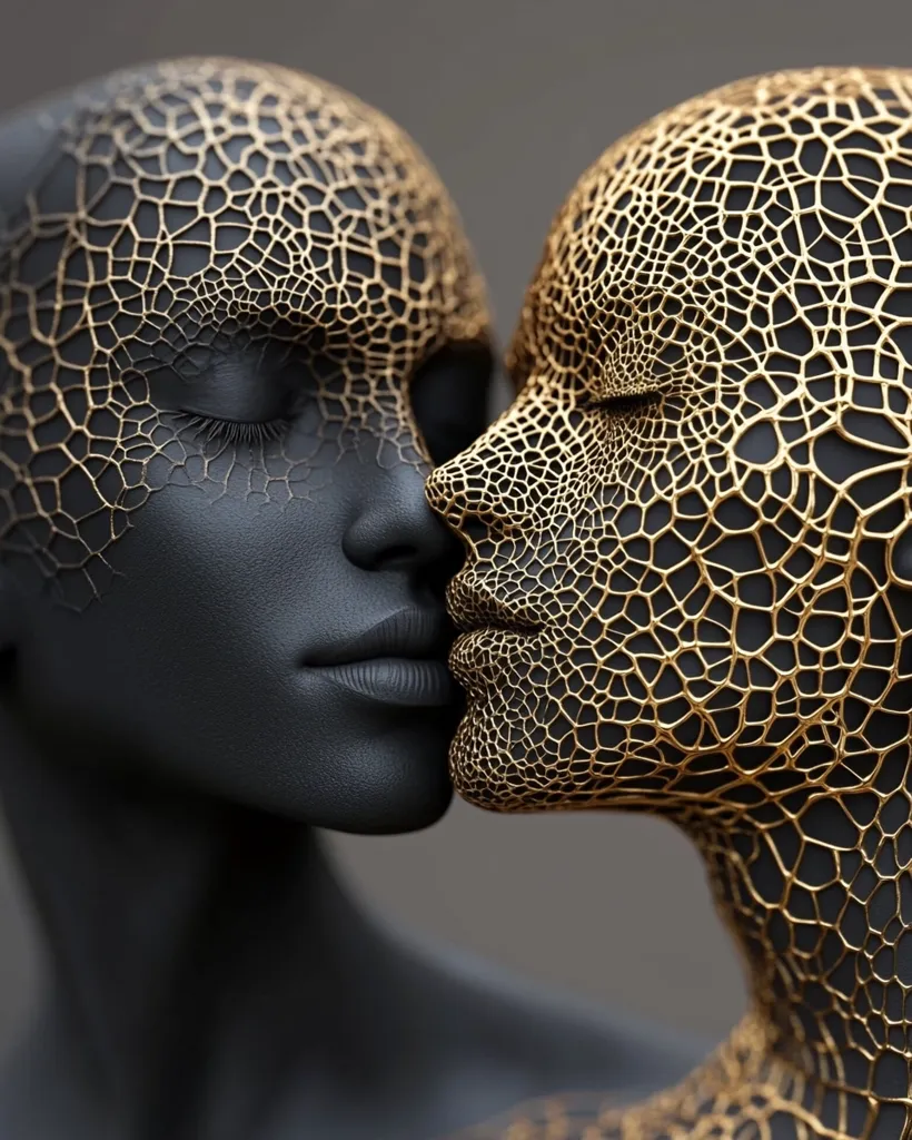 The image shows two faces, their skin covered in a golden, intricate lattice pattern. The faces are close together, almost touching, their lips slightly parted in a gesture of intimacy or anticipation. The black and gold color scheme creates a striking visual contrast, highlighting the detail of the latticework and the subtle contours of the faces.  The image evokes a sense of mystery and intrigue, inviting the viewer to contemplate the relationship between the two figures.
