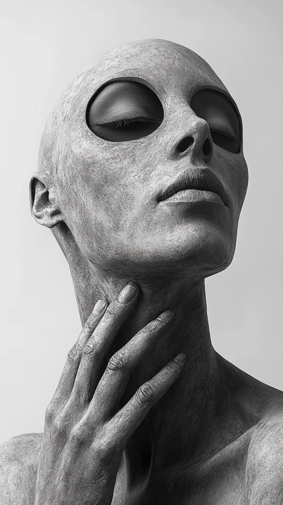 A grayscale image of a person's face and upper torso. The person's eyes are closed and their mouth is slightly open. Their skin is covered in a textured material that appears to be made of stone or concrete. Their right hand is resting on their neck. The background is a plain white. The image is stark and minimalistic, with a focus on the textures and details of the subject's skin. The subject's expression is serene and contemplative. The image evokes a sense of mystery and intrigue.