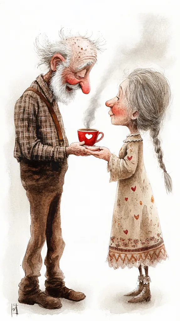 The illustration depicts a heartwarming scene of an elderly couple sharing a cup of tea. The man, with a white beard and plaid shirt, is offering a steaming cup with a heart-shaped design to his partner, a woman with long hair and a floral dress.  Their smiles and the gentle steam rising from the cup convey a sense of warmth and love. The soft watercolor style adds a touch of tenderness to the image.