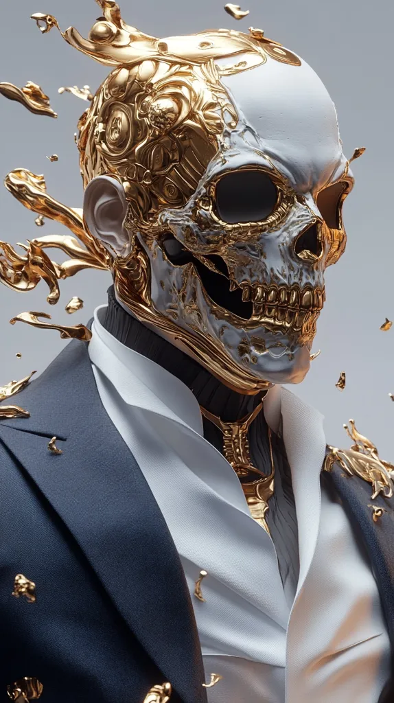 The image depicts a skull wearing a suit. The skull is adorned in gold, with intricate details and flowing golden liquid. The suit is dark blue with a white shirt and a gold tie. The image appears to be a digital illustration, with a high level of detail and realism. It creates a surreal and striking image of death and elegance.