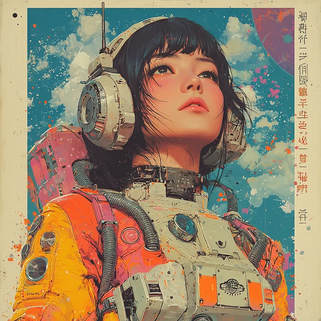 A young woman with dark hair and big eyes stares upward, wearing a futuristic spacesuit with a large helmet. The image is painted in a vibrant, stylized style with splashes of color. The background depicts a cloudy sky with a planet in the distance. The image is reminiscent of retro science fiction posters.