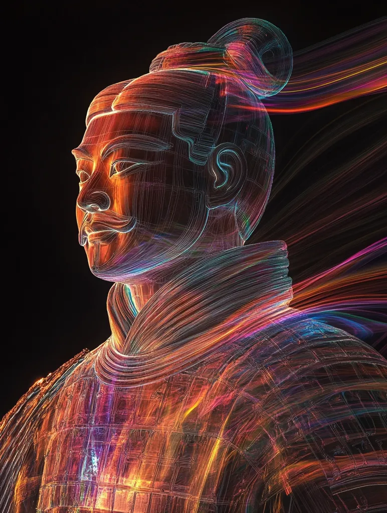 A digital portrait of a man with a bun in his hair, the image is constructed of  intertwining lines of orange, purple, and blue light, the man's face is illuminated,  and the background is black.  The image appears to be an abstract interpretation of a terracotta warrior.