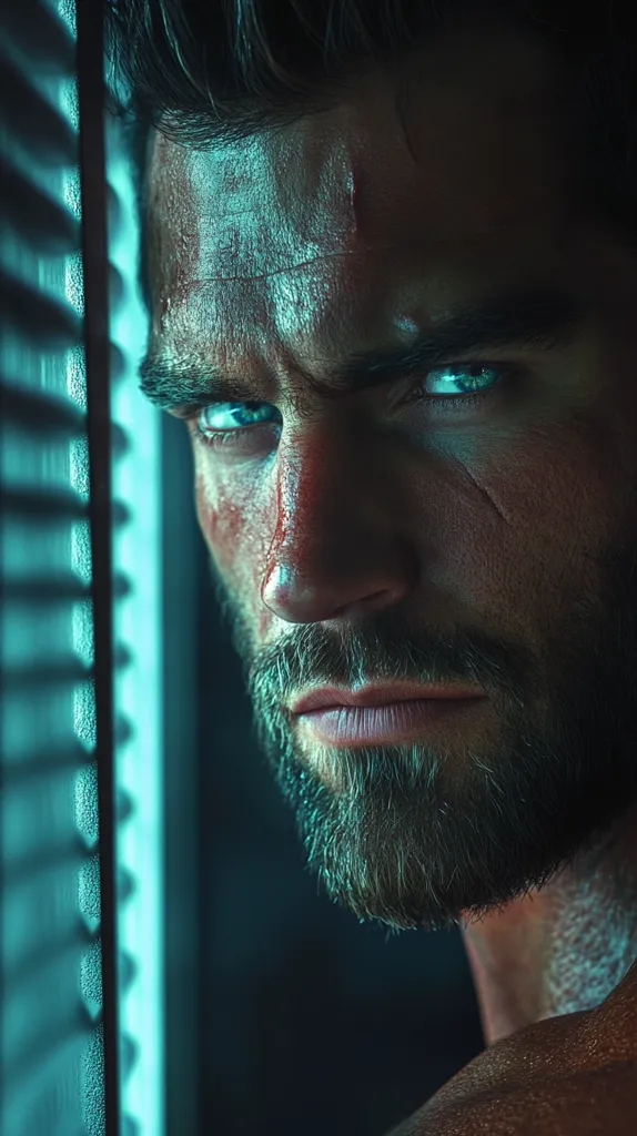 A man with a beard and a serious expression looks intensely out of frame. His face is lit with a bluish-green light, emphasizing his sharp cheekbones and piercing blue eyes.  He is framed by the edge of a window with blinds.  The image has a dramatic and mysterious tone, suggesting a story waiting to unfold.