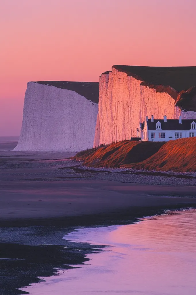 The image showcases a serene coastal landscape bathed in the soft glow of a pink sunset.  Two towering white cliffs, sculpted by time and the sea, stand majestically against the sky. A small white house nestled at the foot of one cliff adds a touch of human presence to the otherwise natural scene. The foreground features a sandy beach, transitioning into a tranquil body of water reflecting the vibrant hues of the sky. The image evokes a sense of peace and tranquility, inviting the viewer to imagine the quiet beauty of this secluded setting.