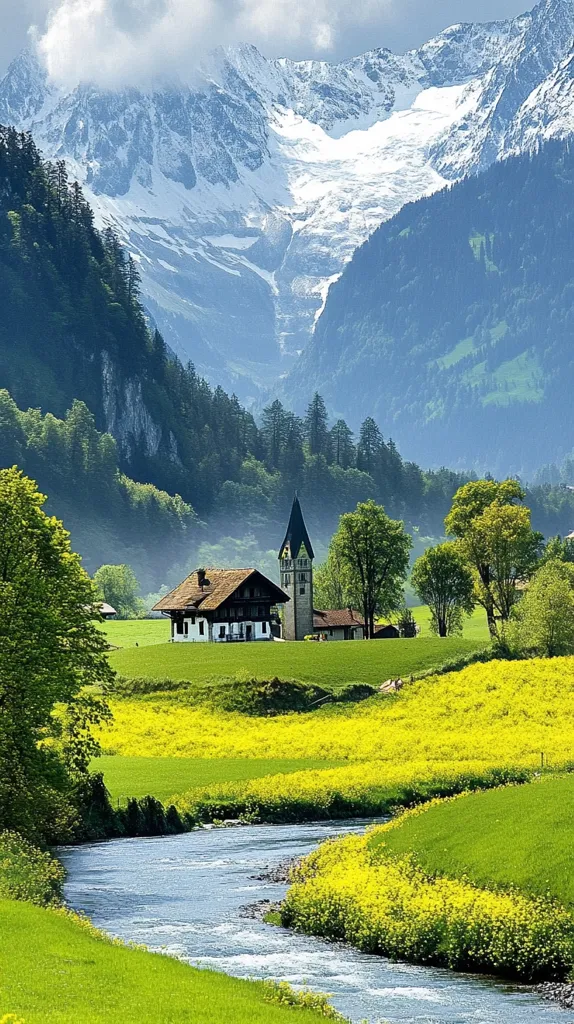 A quaint house with a tall, pointed roof sits nestled amongst lush green fields and trees, with a winding river snaking through the scene. The house is surrounded by vibrant yellow wildflowers, adding a splash of color to the landscape. In the background, majestic snow-capped mountains rise up to the sky, their peaks reaching for the clouds. The scene evokes a sense of serenity and tranquility, with nature's beauty on full display.