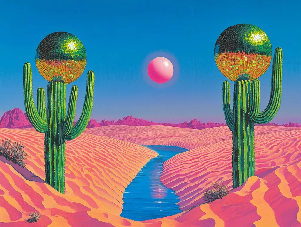 The image depicts a surreal desert landscape with two towering cacti, each topped with a disco ball. The cacti are set against a backdrop of pink sand dunes, a winding blue stream, and a pink orb floating in a vibrantly colored sky. The image combines elements of nature and artificiality, creating a whimsical and otherworldly scene.