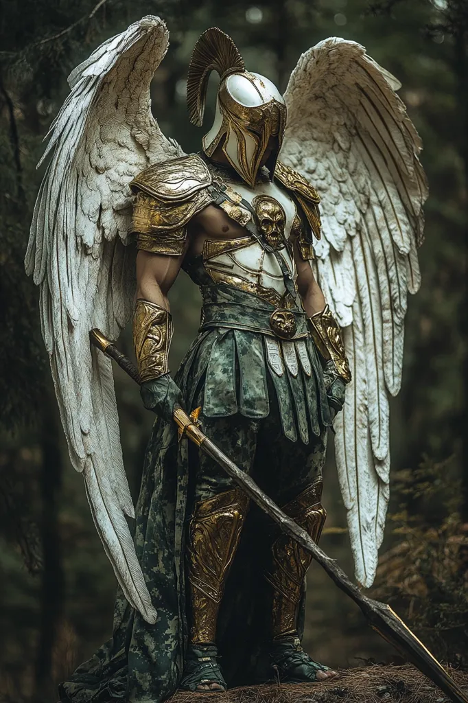 A warrior angel stands in a dark forest.  He is wearing a golden helmet with a plume, a white and gold breastplate, a dark camouflage skirt, and golden armor on his arms and legs.  He has large white wings and is holding a long, sharp spear in his right hand.  His expression is serious and intense.  The image evokes a sense of power, might and authority.