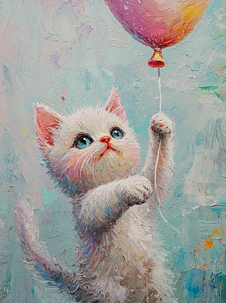 A white kitten with big blue eyes reaches up with its paw toward a pink balloon floating above. The kitten has a soft, fluffy coat and a sweet expression. The background is a light blue with hints of yellow and pink, creating a dreamy and whimsical feel. The painting is done in a loose, impressionistic style, adding to its charm.
