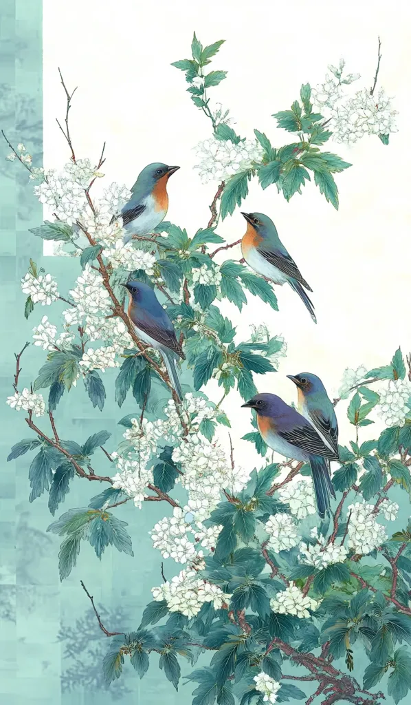 The image is a delicate painting of a blooming tree with four blue birds perched on its branches. The white blossoms are in full bloom, contrasting beautifully with the blue plumage of the birds. The background is a soft, pale green, creating a serene and peaceful atmosphere. The details of the leaves, branches, and birds are rendered with precision, highlighting the beauty of nature. The painting evokes a sense of tranquility and harmony.