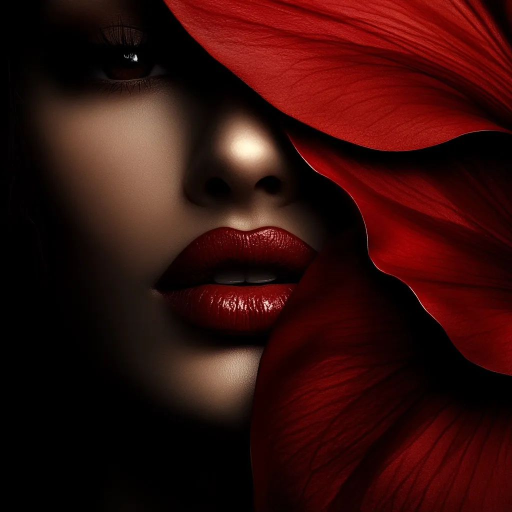 The image is a close-up of a woman's face, partially obscured by a large, crimson-red flower petal. The woman's eyes are closed, and her lips are painted a vibrant red, creating a striking contrast against the dark background. The petal drapes over her face, casting shadows and adding a sense of mystery to the portrait. The image captures a sense of intimacy and sensuality, with the red tones dominating the composition.