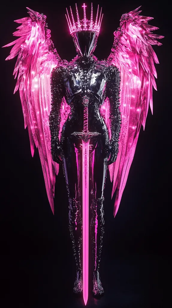 A figure wearing a crown and a black, armored suit stands with a sword in its hand.  The figure is adorned with large, iridescent pink angel wings, glowing with a soft, ethereal light. The wings are a striking contrast against the dark background, making the figure appear both menacing and majestic. The figure’s face is obscured, adding to the mystery and intrigue. The image is dark and moody, with a hint of fantasy and otherworldly beauty.
