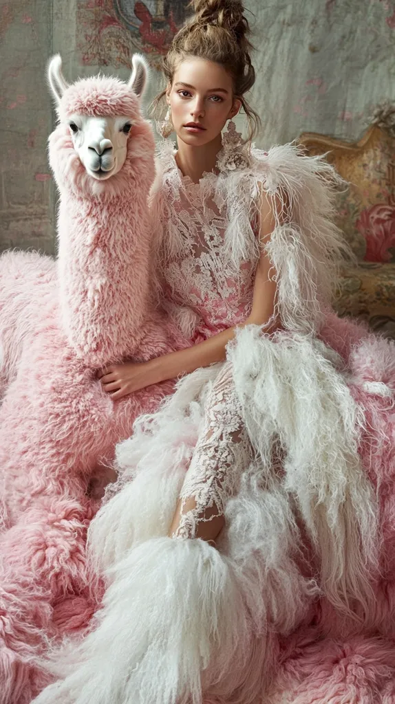 A young woman with long brown hair, styled in a bun, wears a white lace dress with feather embellishments. She sits on a fluffy pink alpaca, her legs draped over the animal's side. The backdrop is a textured wall and a vintage couch. The image evokes a sense of whimsical beauty and ethereal elegance.