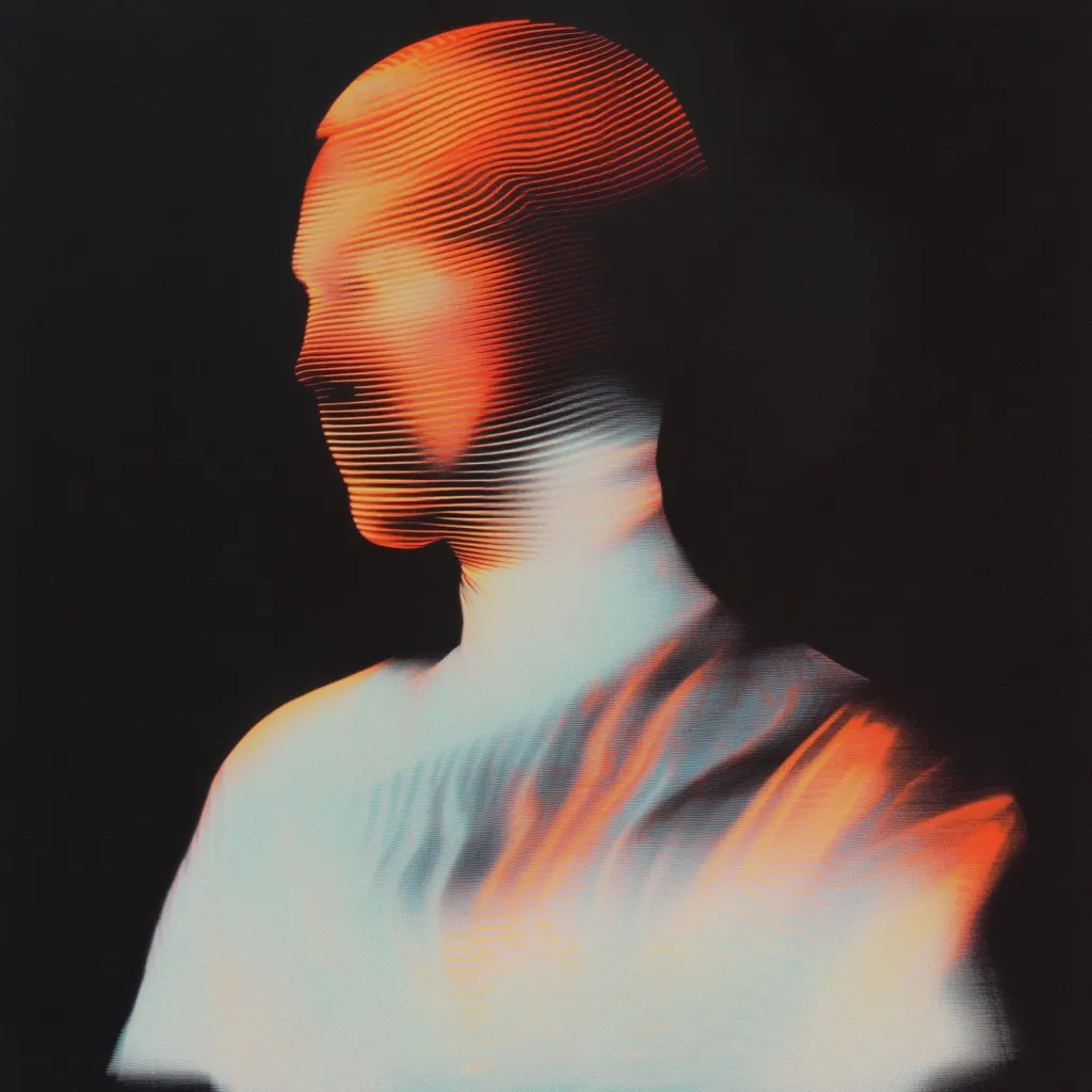 The image depicts a digital portrait of a person's head and shoulders, rendered in a futuristic, almost abstract style. The figure is obscured by a series of glowing, orange and white lines that create a sense of distortion or glitches. The lines cover the person's face, making it difficult to make out any specific features. The background is a dark, almost black void, which contrasts with the bright colors of the figure, creating a dramatic visual effect. The image evokes a sense of mystery and intrigue.
