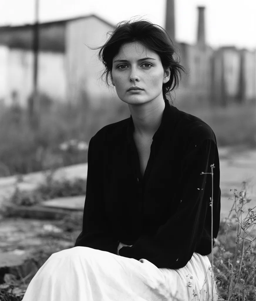 A young woman with dark hair and serious eyes sits in front of a blurred background of industrial buildings. She wears a black blouse and a white skirt, and her posture is relaxed but slightly withdrawn. The black and white tones emphasize her features and the starkness of the setting. The image conveys a sense of quiet contemplation.