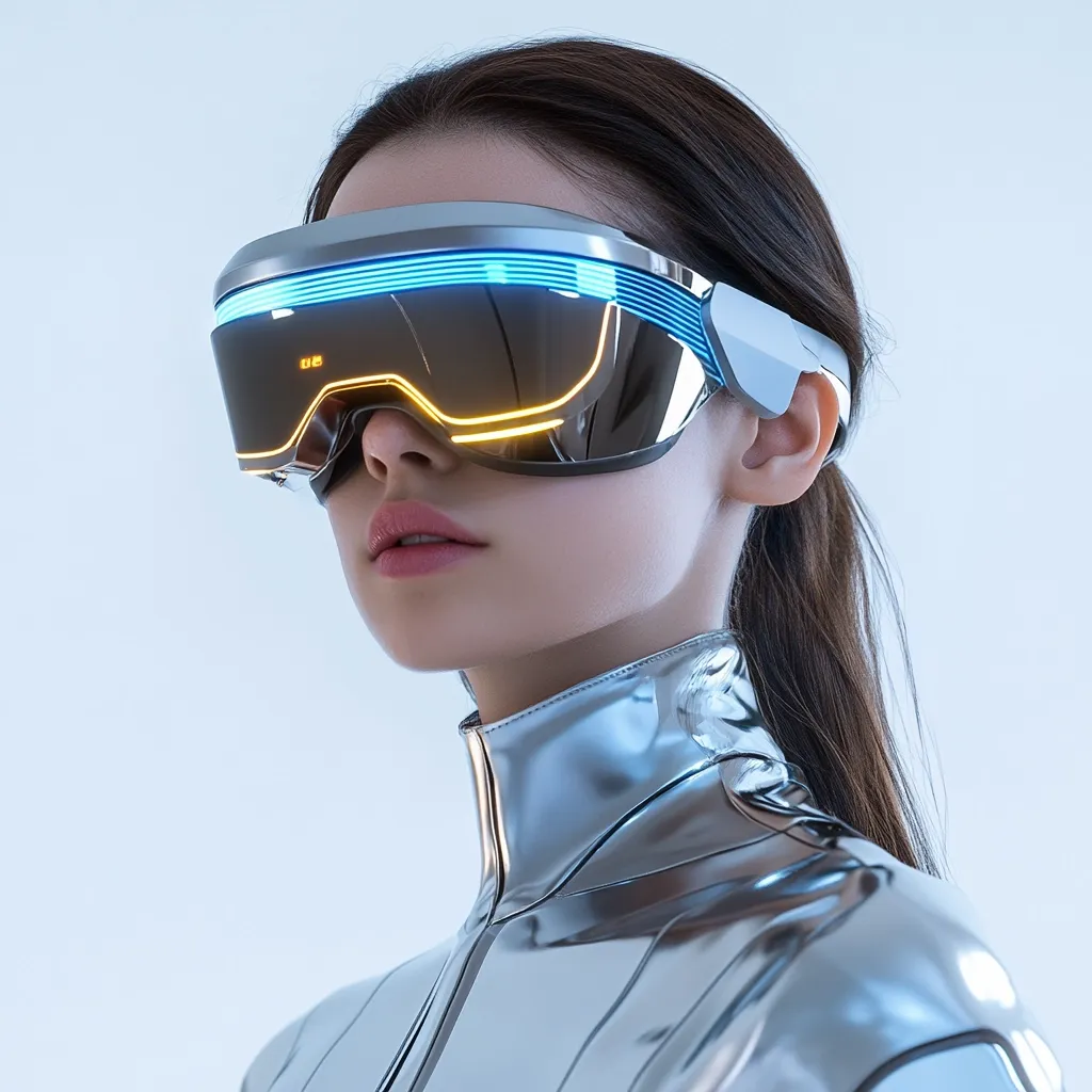 The image shows a young woman wearing a futuristic headset with blue and yellow lights. She is wearing a silver jumpsuit with a high neckline. Her long dark hair is pulled back. She is looking at something off-camera with a neutral expression on her face. The image is shot against a plain white background. The woman's attire and the futuristic headset suggest a technological or sci-fi theme.