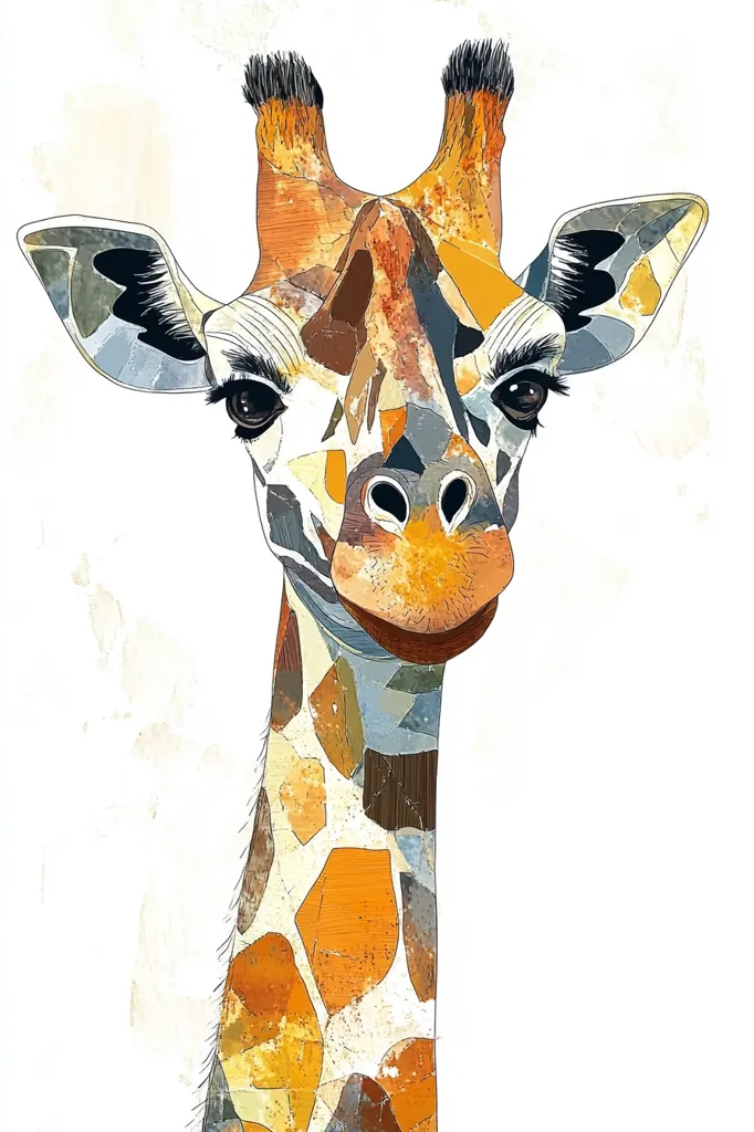 The image depicts a giraffe's head and neck, rendered in a unique style. The giraffe's patterned coat is composed of abstract, geometric shapes in shades of yellow, orange, brown, and gray. Its large, expressive eyes and long eyelashes lend a whimsical and charming quality to the illustration. The background is a simple white, highlighting the giraffe's intricate details. The artwork captures the giraffe's gentle, curious nature, with a sense of playful curiosity in its gaze.