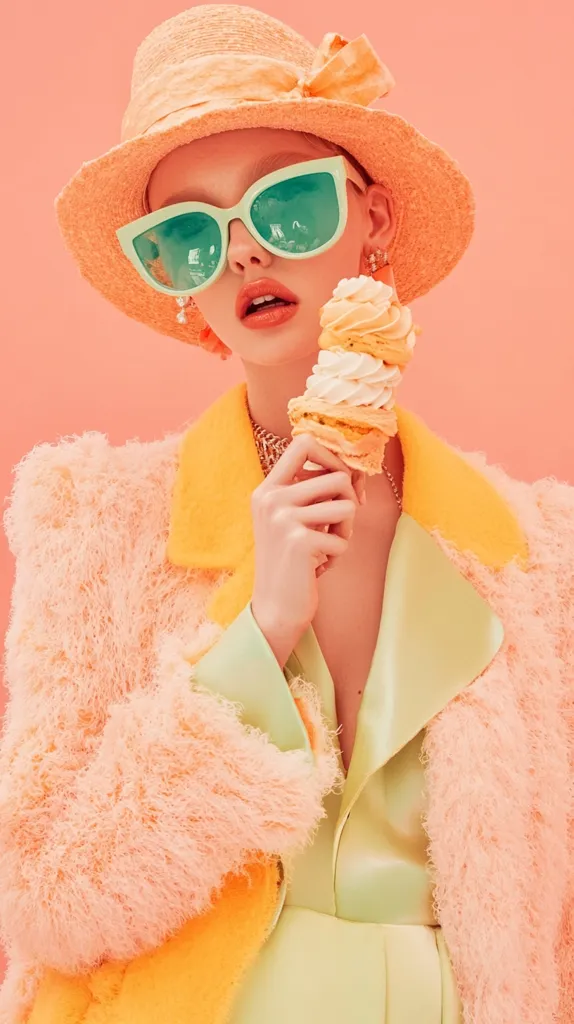 A young woman with bright green cat-eye sunglasses and a wide-brimmed straw hat,  is wearing a pale green and yellow furry jacket. She is holding a tall, layered dessert in her hand, with a playful, slightly mischievous expression on her face. The background is a soft, warm pink. The image has a whimsical, retro-inspired aesthetic.