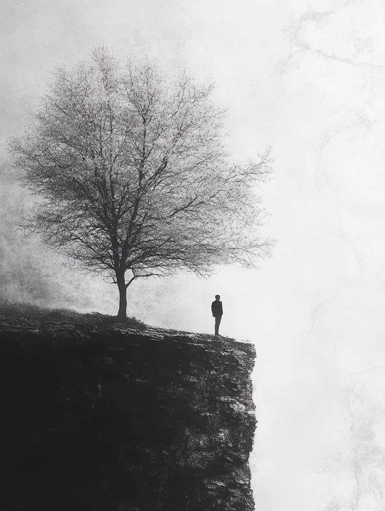 A solitary figure stands on the edge of a cliff overlooking a misty landscape. A large tree stands tall in the foreground, its branches reaching out towards the horizon. The scene is bathed in a soft, ethereal light, creating a sense of mystery and solitude. The image evokes a feeling of introspection and contemplation, as the figure appears to be lost in thought. The contrast between the dark cliff and the light mist emphasizes the sense of isolation and vulnerability.
