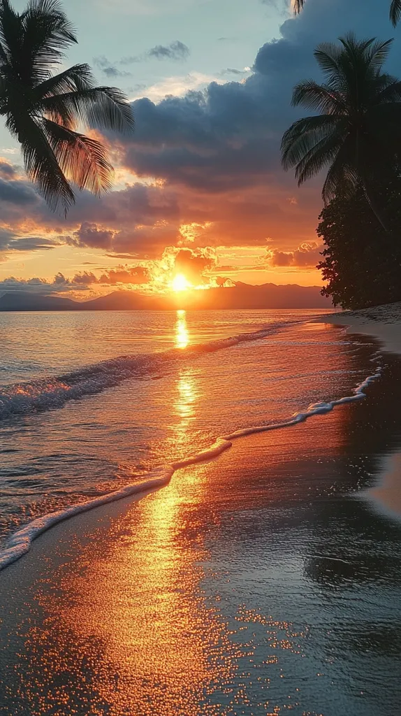 A breathtaking sunset over a tranquil beach, with palm trees silhouetted against a fiery sky. The sun is setting over the horizon, casting a warm glow over the ocean. The waves lap gently against the sandy shore, leaving behind a trail of shimmering reflections. The scene is one of peace and serenity, inviting contemplation and relaxation.