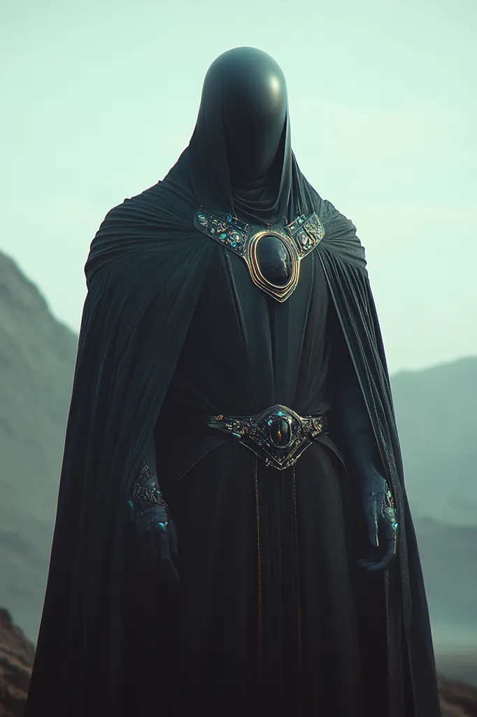 A figure cloaked in black stands against a muted, hazy background. The cloak is intricately designed with gold and turquoise accents, and the figure wears a jeweled belt. The figure's face is obscured by the hood, leaving only a mysterious silhouette. The image evokes a sense of mystery and power.