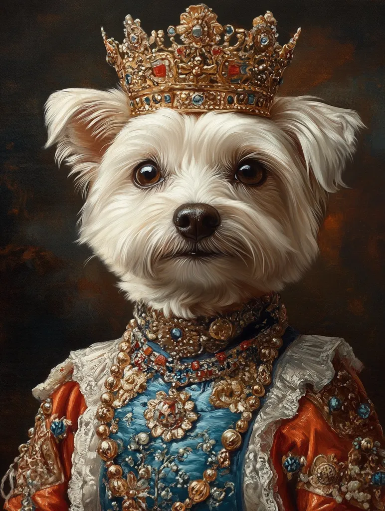 The image depicts a white dog wearing a golden crown, a lavish jeweled necklace, and a royal red and blue gown. The dog's expression is serious and dignified, suggesting a royal presence. The ornate details of the costume, including the jewels, pearls, and embroidery, contribute to the overall sense of grandeur and royalty. The painting is likely a humorous take on traditional royal portraits, highlighting the dog's newfound status as a regal figure.