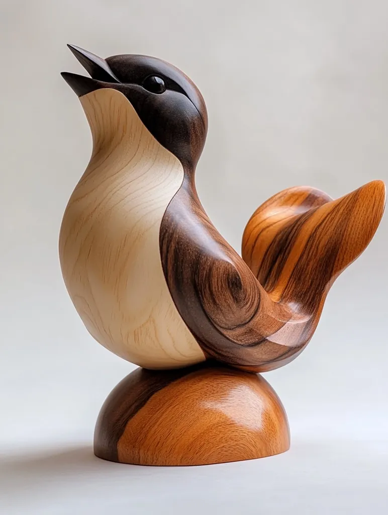 A wooden sculpture of a bird, crafted from different types of wood. The bird is depicted with its head tilted upwards, its beak open and its tail feathers spread out. The sculpture is resting on a rounded base made from the same wood. The intricate wood grain patterns and the smooth curves of the bird's body give the sculpture a sense of elegance and artistry. The use of different wood types enhances the visual interest of the piece.