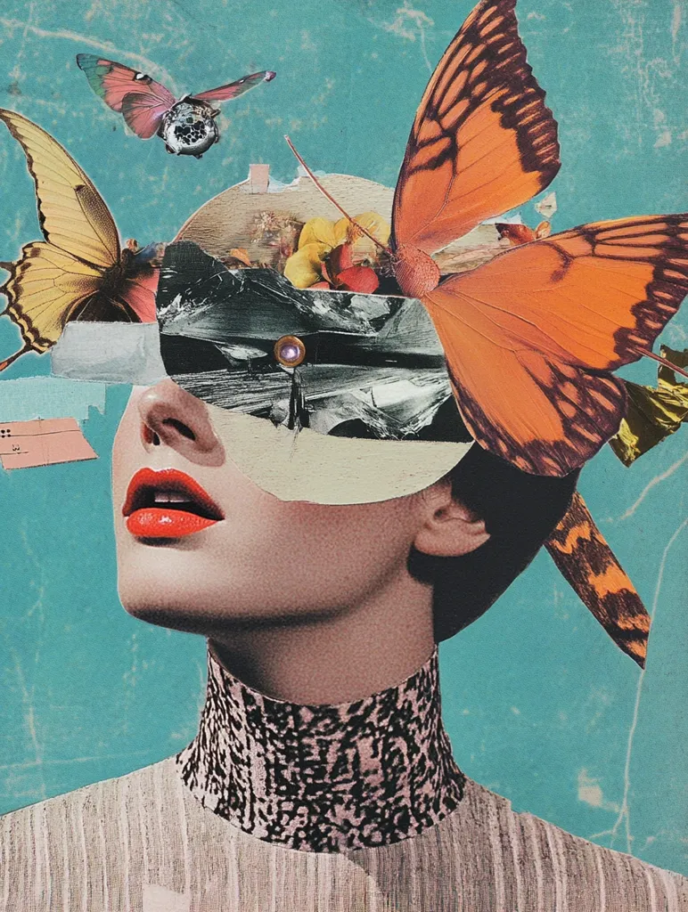 The image is a collage of a woman's face with butterflies and abstract patterns. Her face is partially covered by a butterfly with orange and black wings. The butterfly's wings are layered over a landscape scene with a road and a purple gem. There is another butterfly on the top of the image with pink wings. The woman has red lipstick and a black and pink patterned turtleneck. The background is a teal blue. The overall effect is surreal and dreamlike.