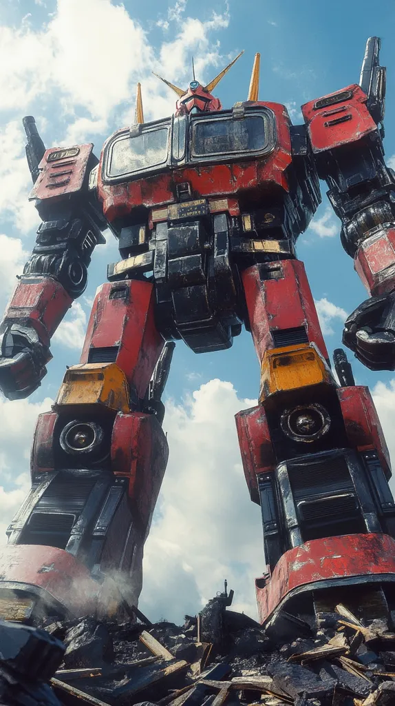 A massive, red and black robot stands in a field of rubble. It's a towering figure with a humanoid form, its legs are thick and powerful, with large, round wheels on its feet. Its arms are also robust, with massive hands ending in sharp points. The robot is weathered and battle-scarred, showing signs of wear and tear. The sky above is a bright blue with fluffy white clouds. The scene evokes a sense of destruction and power, suggesting a battle has just taken place.
