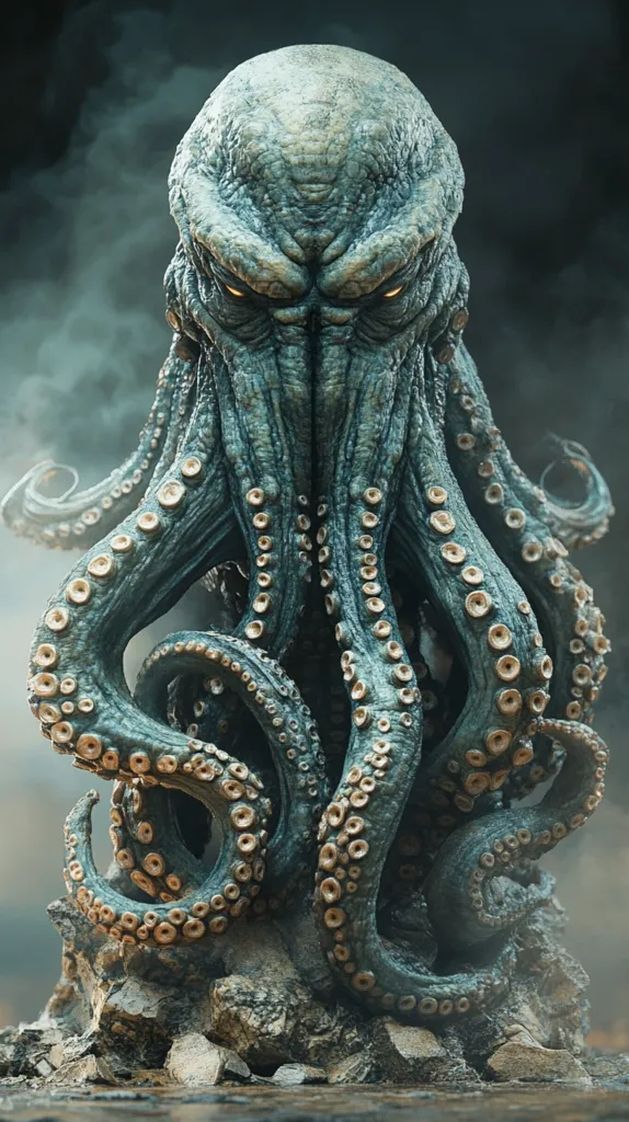 A monstrous, blue-grey octopus with a menacing expression sits on a rocky surface, its many tentacles curled around itself. The creature's skin is textured, and its eyes are glowing yellow. A misty background adds to the ominous atmosphere.