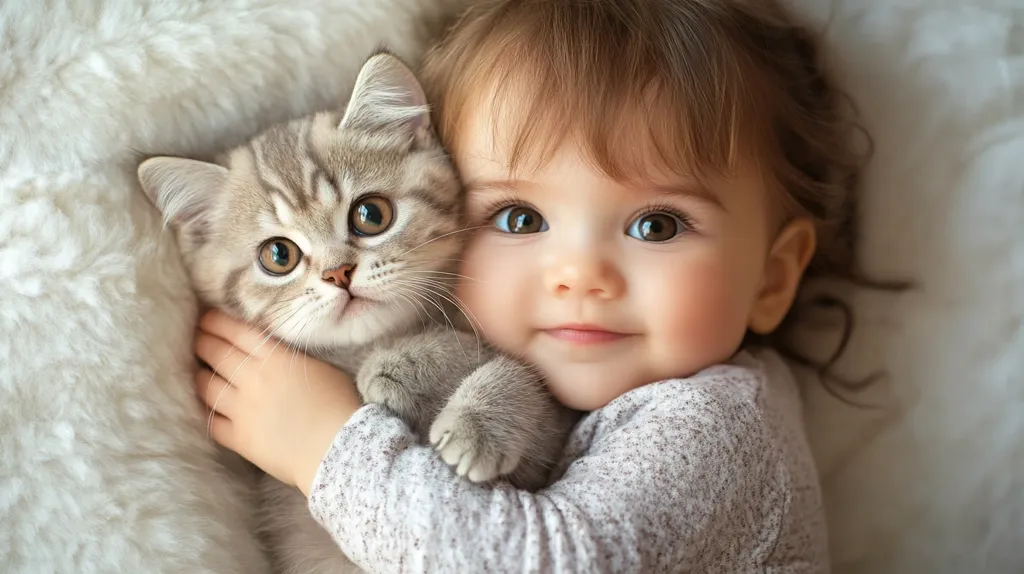 A young girl with long brown hair is lying on a white fluffy blanket. She is holding a gray and white tabby kitten close to her chest. The girl is smiling and her big brown eyes are looking directly at the camera. The kitten is looking away from the camera with its tail wrapped around the girl's arm. The scene is warm and loving, capturing the sweet bond between a child and her pet.