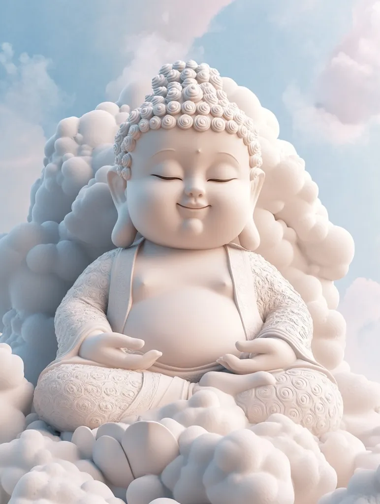The image depicts a white, stylized Buddha statue sitting in a meditative pose on a fluffy white cloud. The Buddha has a round, cherubic face with closed eyes and a gentle smile. The statue is adorned with intricate details, including swirling patterns on its robe and a delicate crown of rosettes. The background features a soft, ethereal sky with wispy clouds, creating a sense of peace and tranquility. The overall image evokes a sense of serenity and spiritual enlightenment.