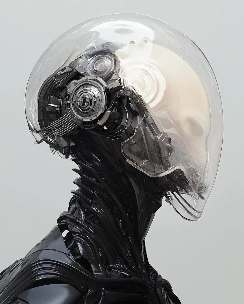 The image depicts a futuristic cyborg with a transparent helmet revealing a complex, mechanical head. The cyborg's body is entirely black, with a sleek, smooth finish that emphasizes its artificiality. The helmet is adorned with intricate details, including circular gears and wires, suggesting advanced technology. The cyborg's expression is obscured by the helmet, leaving the viewer to ponder its thoughts and capabilities. The overall image evokes a sense of mystery and technological advancement, hinting at a world where humanity and technology have become intertwined.